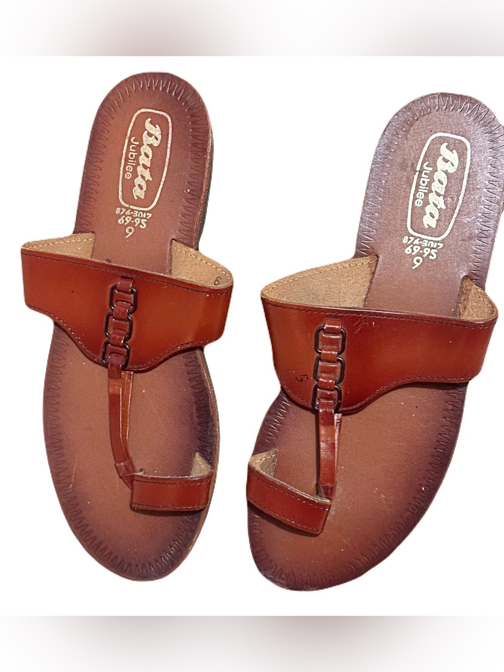 Bata Women's Brown Leather Toe-Loop Sandals with Chain Accent